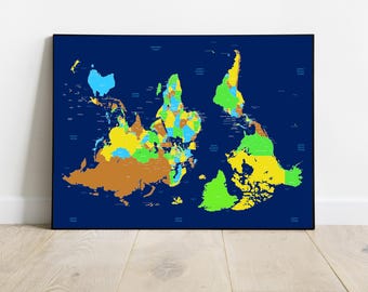 Upside Down World Map – South Up Wall Art Print for home, office & classroom
