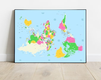 May include: A world map with a unique projection that shows the continents in a different arrangement. The map is printed on a light blue background with white outlines for the continents and countries. The countries are colored in shades of pink, green, and yellow.