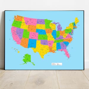 Carte des États-Unis, carte détaillée des États-Unis d'Amérique,plus grandes villes américaines,carte colorée pour la décoration intérieure