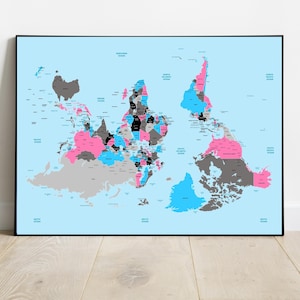 May include: A framed world map print with a light blue background. The continents are colored in shades of pink, gray, and blue, with black borders and labels. The map is displayed on a light wood floor against a white wall.