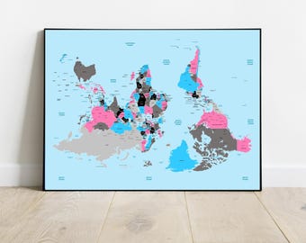 May include: A framed world map print with a light blue background. The continents are colored in shades of pink, gray, and blue, with black borders and labels. The map is displayed on a light wood floor against a white wall.