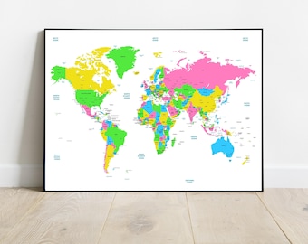 Large world map wall art - Detailed countries and capital cities poster for office & home