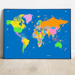 Detailed World Map with capital cities Wall Art Educational Geography Print Teacher Gift Unique Home Décor Modern office Classroom Aid