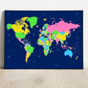 Detailed World Map with capital cities Geography Wall Art Modern Office Décor Classroom Map Print Educational Wall Art Modern Classroom Aid