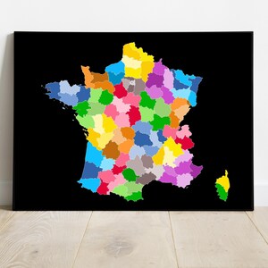 Map of France showing departments, carte de france, Large colourful home décor, départements français,aimer la France, bright room, simple