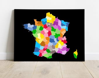 Map of France showing departments, carte de france, Large colourful home décor, départements français,aimer la France, bright room, simple