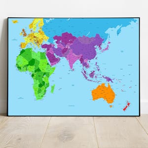 Bright Large detailed World map, map of Europe, Asia, Africa and Oceania, Large colourful country map home décor, Nursery wall art