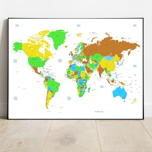 Detailed World Map with capital cities Geography Wall Art Modern Office Décor Classroom Map Print Educational Wall Art Modern Classroom Aid