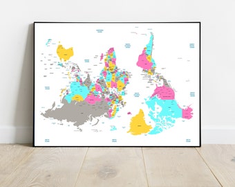 Upside down world map with countries, Kids bright educational poster, Large colourful map home décor, Nursery wall art, south-up map