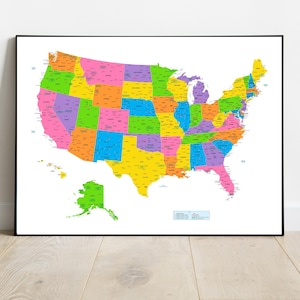 USA map, detailed map of United States of America, largest US cities, Kids bright educational poster, Large colourful map home décor