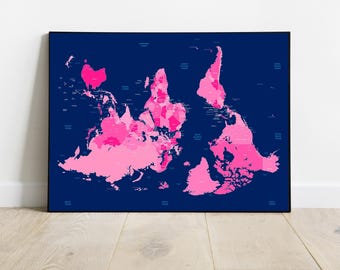 逆さまの世界地図プリント、南向き、芸術的な地理 - Etsy 日本
