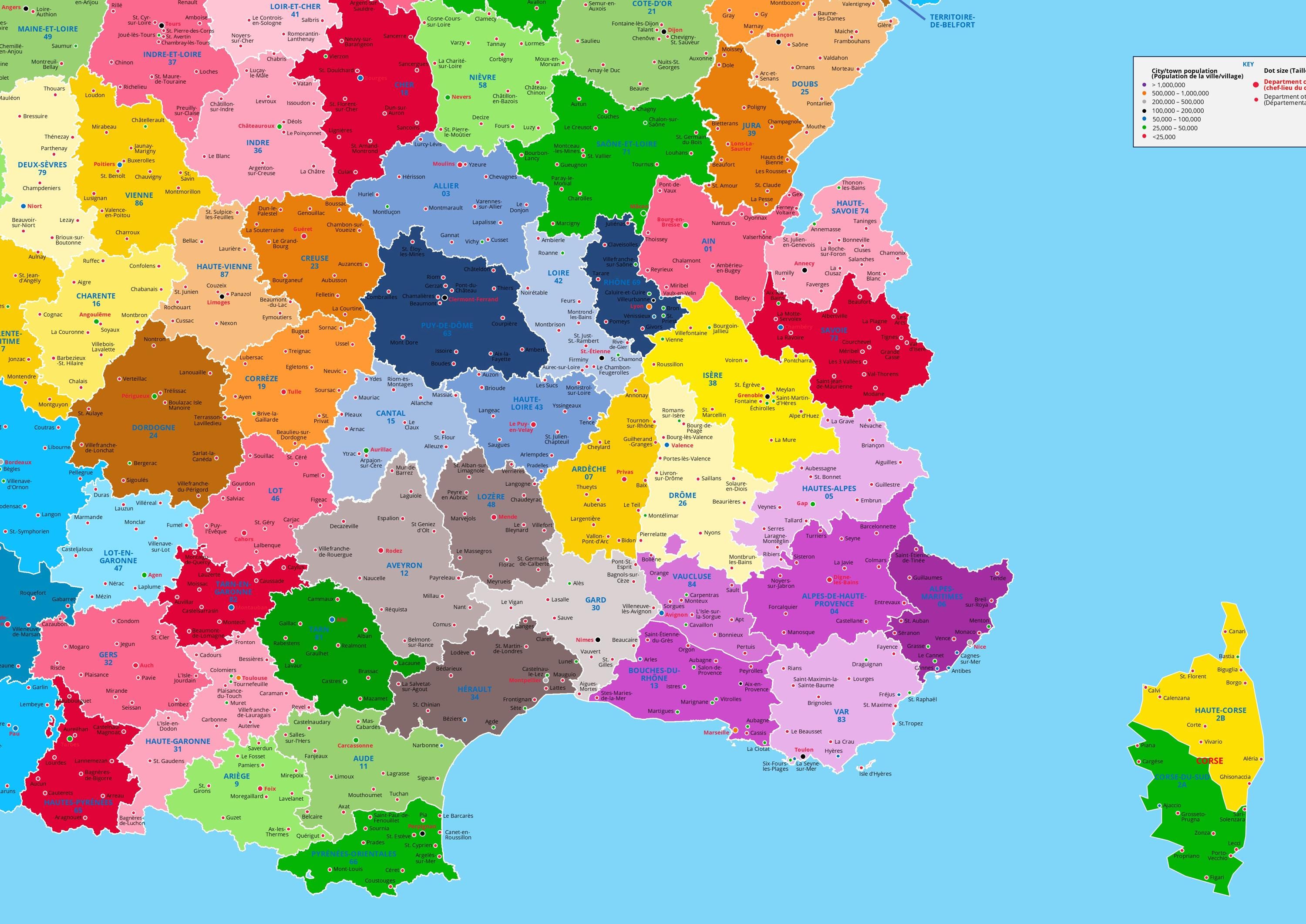 Detailed Map of France, Showing Régions, Départements and Largest ...