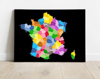 Carte de France avec les départements, carte de france, grande décoration intérieure colorée, départements français, salon lumineux