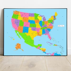 USA Central America and Caribbean map, detailed map of United States of America, largest US cities, Large colourful map home décor