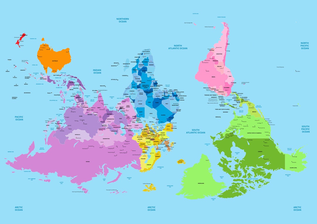 Upside Down World Map With Countries, Kids Bright Educational Poster
