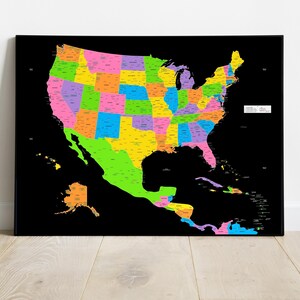 USA Central America and Caribbean map, detailed map of United States of America, largest US cities, Large colourful map home décor