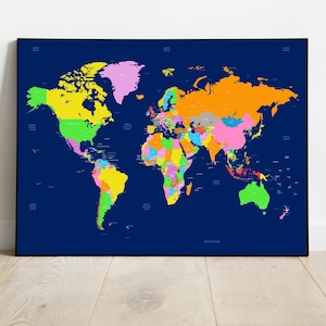 Detailed World Map with capital cities Wall Art Educational Geography Print Teacher Gift Unique Home Décor Modern office Classroom Aid