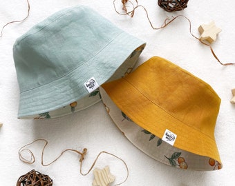 Baby Bucket Hat - Reversible Linen Tangerine Print, Toddler Sun Hat with Ties