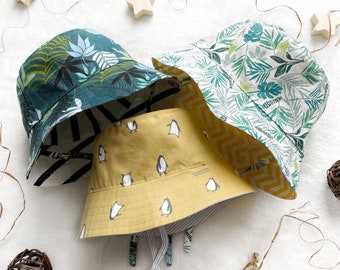 Reversible cotton baby sun hat | Unisex bucket hat | Striped sun hat | Penguin beige hat | Floral print