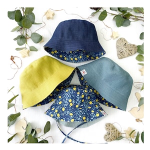 Linen Bucket Hat - Reversible Lemon Print, Any of 9 Colours, Sun Hat for Family