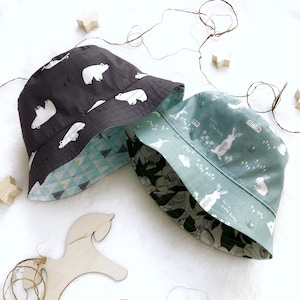 Reversible Baby Sun Hat – Cotton Bunny & Bear Bucket Hat, Summer Toddler Hat, Cottagecore Baby Clothing