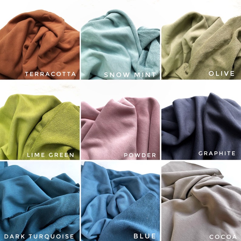 May include: Nine fabric swatches in different colors, including terracotta, snow mint, olive, lime green, powder, graphite, dark turquoise, blue, and cocoa.
