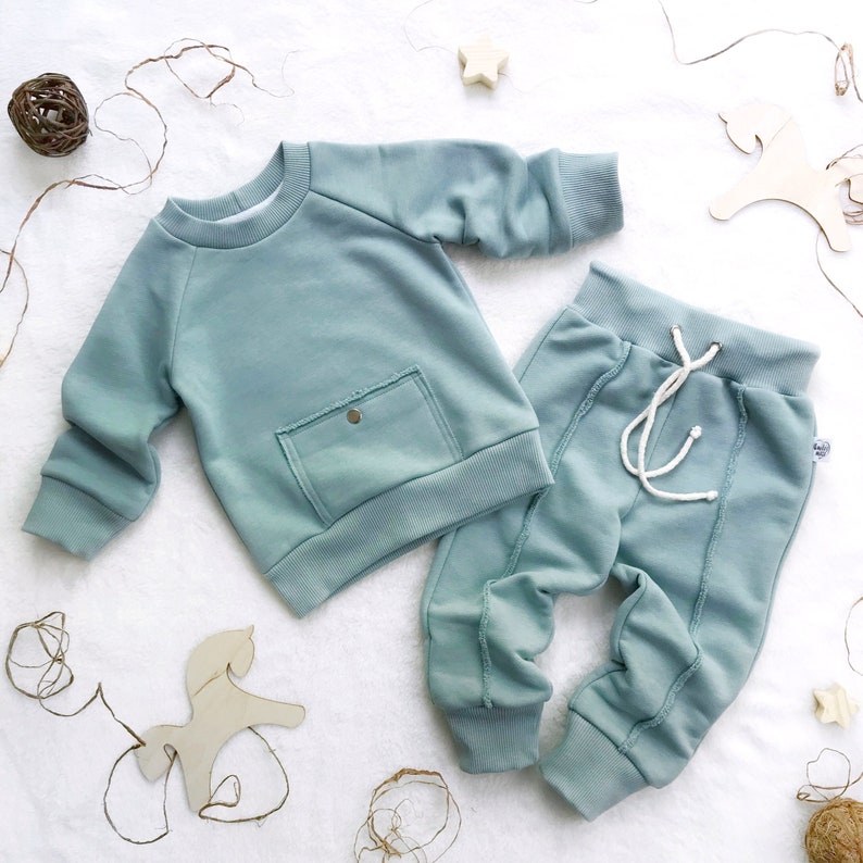 Terracotta baby sweatshirt with pocket and trousers Minimalist Children's streetwear set Snow mint