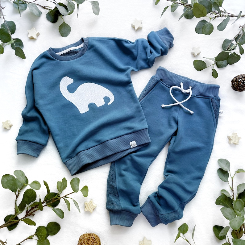 Children's blue set of sweatshirt with dinosaur and trousers Dinosaur baby clothes Dino patch suit image 1