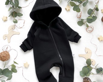 Kid's total black jumpsuit with zipper | Children's warm overalls with a hood | Unisex baby outfit | Overalls for babies