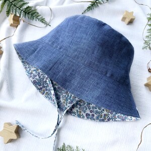 Reversible Linen Baby Bucket Hat - Blueberry Print, Cottagecore Sun Hat for Toddler image 3
