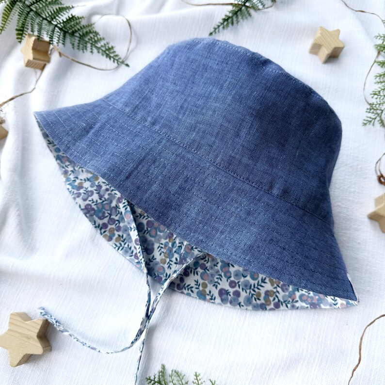 Reversible Linen Baby Bucket Hat - Blueberry Print, Cottagecore Sun Hat for Toddler image 3