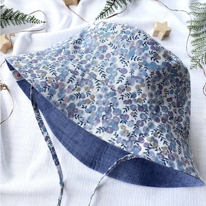 Reversible Linen Baby Bucket Hat - Blueberry Print, Cottagecore Sun Hat for Toddler image 1