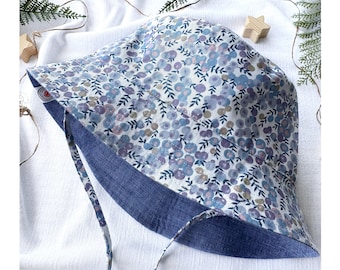 Reversible Linen Baby Bucket Hat - Blueberry Print, Cottagecore Sun Hat for Toddler