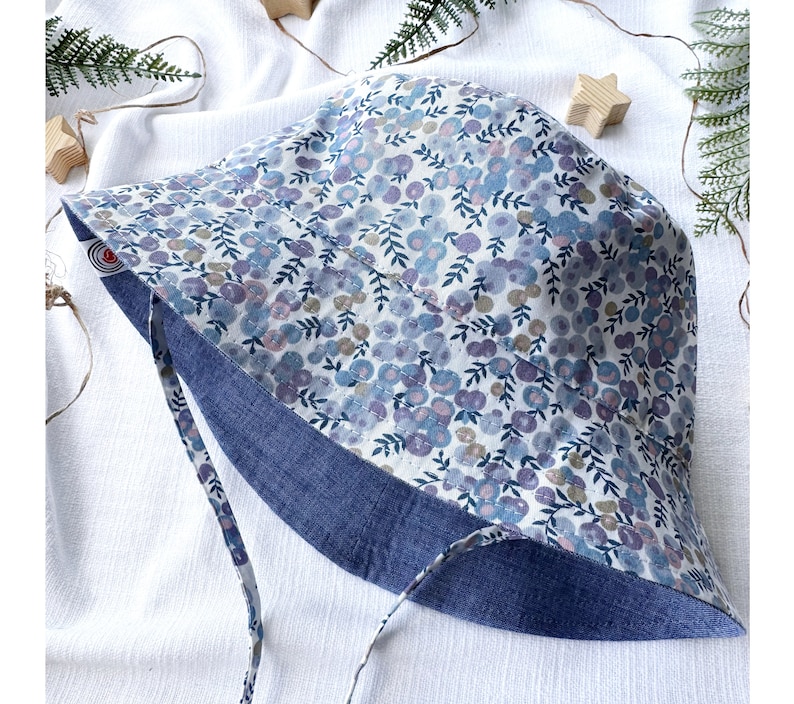 Reversible Linen Baby Bucket Hat - Blueberry Print, Cottagecore Sun Hat for Toddler image 1