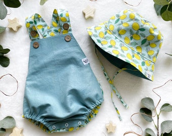 Lemon baby romper and reversible sun hat | Baby blue linen jumpsuit | Kids sunsuit | Baby boy romper | Baby girl romper | Toddler bodysuit