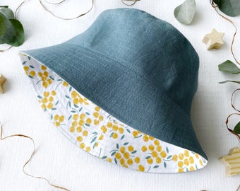 Sombrero de lino tipo cubo - Estampado reversible de cítricos, sombrero de sol personalizado para la familia