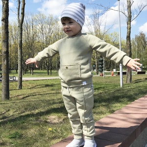 Terracotta baby sweatshirt with pocket and trousers Minimalist Children's streetwear set image 8