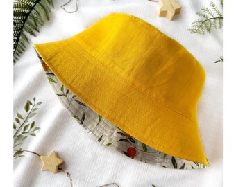 Yellow linen sun hat | Tangerine bucket hat | Floral sun hat | Reversible sun hat | Cottagecore clothing