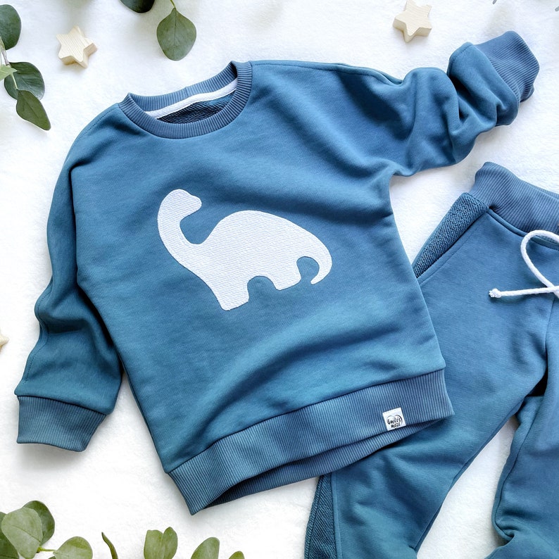 Children's blue set of sweatshirt with dinosaur and trousers Dinosaur baby clothes Dino patch suit image 2