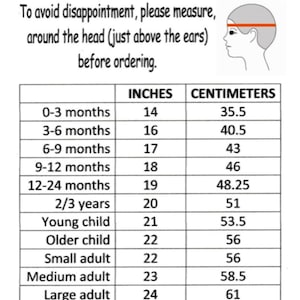 May include: A chart showing head circumference measurements in inches and centimeters for different age groups, from 0-3 months to large adult. The chart is useful for determining the correct size of hats or helmets.