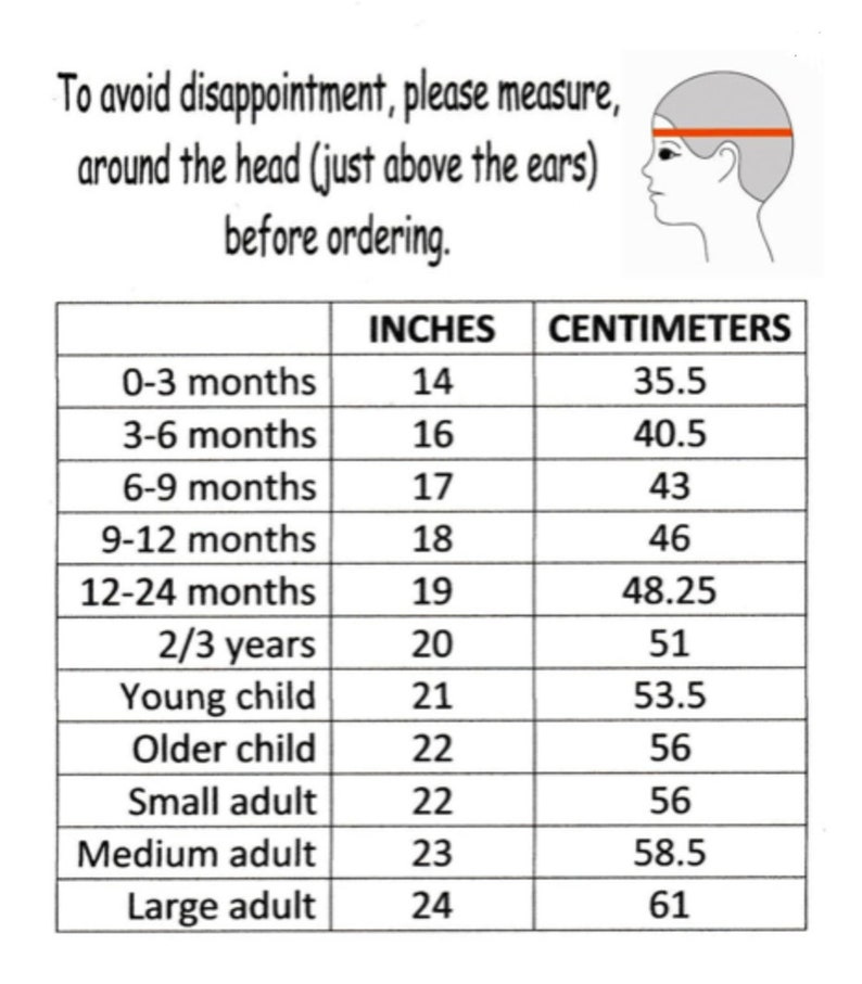 May include: A chart showing head circumference measurements in inches and centimeters for different age groups, from 0-3 months to large adult. The chart is useful for determining the correct size of hats or helmets.