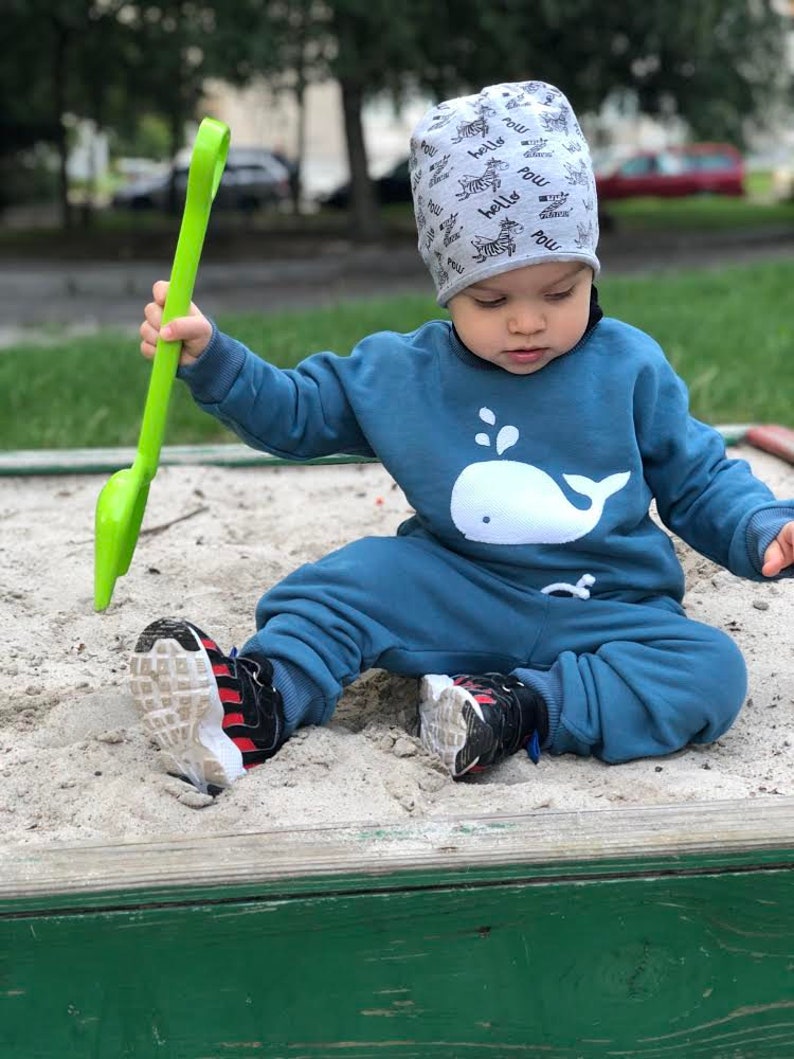 Children's blue set of sweatshirt with dinosaur and trousers Dinosaur baby clothes Dino patch suit image 7