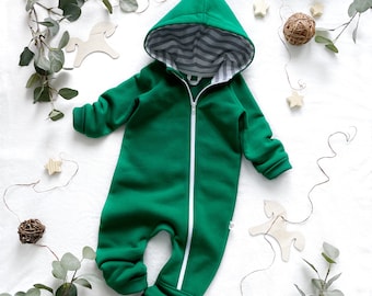 Children's green jumpsuit with zipper | Kid's warm hooded overalls | Unisex baby outfit | Overalls for babies