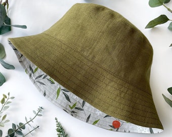 Khaki linen sun hat | Tangerine bucket hat | Floral sun hat | Reversible sun hat | Cottagecore clothing