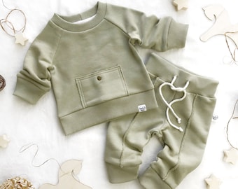 Hipster Olive Kids Sweatshirt and Pants Set | Minimalist | Children's streetwear