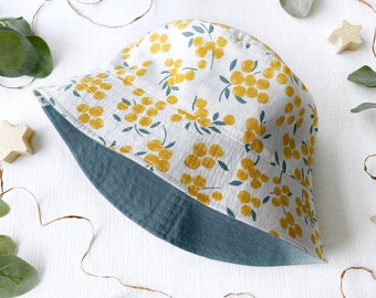 Sombrero de lino tipo cubo - Reversible con estampado de bayas amarillas, sombrero de sol personalizado para la familia