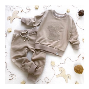 May include: A beige baby outfit with a bunny applique on the sweatshirt. The outfit includes a long-sleeved sweatshirt and matching sweatpants.