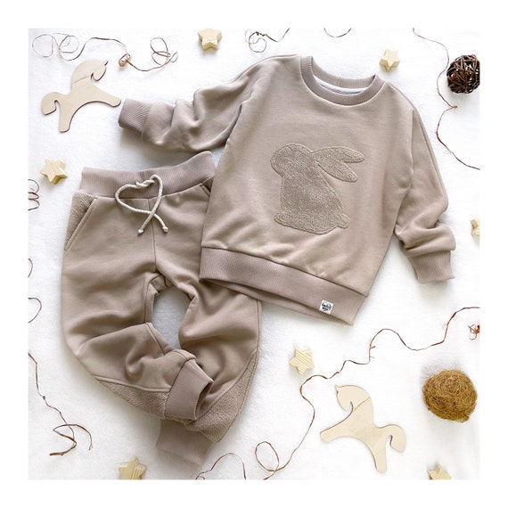 Children's Easter Bunny Sweatshirt and Pants Set | Beige Easter Bunny Outfit | Minimalist