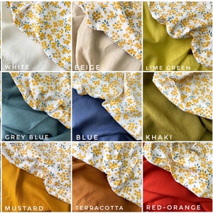 May include: A collage of 15 fabric swatches with a white background and a yellow floral pattern. Each swatch is paired with a solid color fabric in a variety of colors, including black, white, beige, lime green, green, mint, grey blue, blue, khaki, dry rose, yellow, mustard, terracotta, red-orange, and dark turquoise.