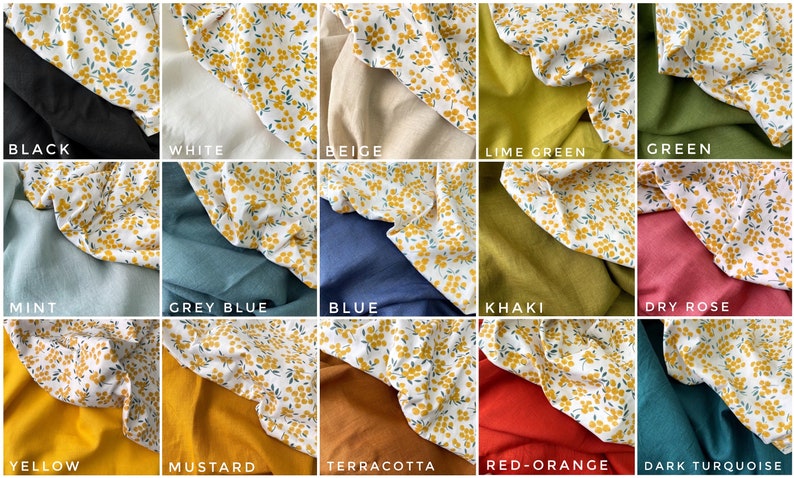 May include: A collage of 15 fabric swatches with a white background and a yellow floral pattern. Each swatch is paired with a solid color fabric in a variety of colors, including black, white, beige, lime green, green, mint, grey blue, blue, khaki, dry rose, yellow, mustard, terracotta, red-orange, and dark turquoise.